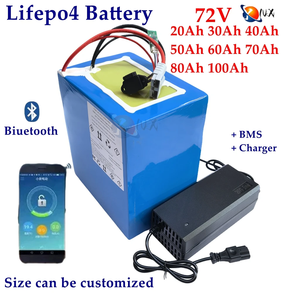 

Batterie au lithium LifePo4 avec chargeur, Bluetooth, BMS, 72V, 50Ah, 60Ah, 30Ah, 72V, 40Ah, 100Ah, 80Ah, 5000W, scooter, vélo é