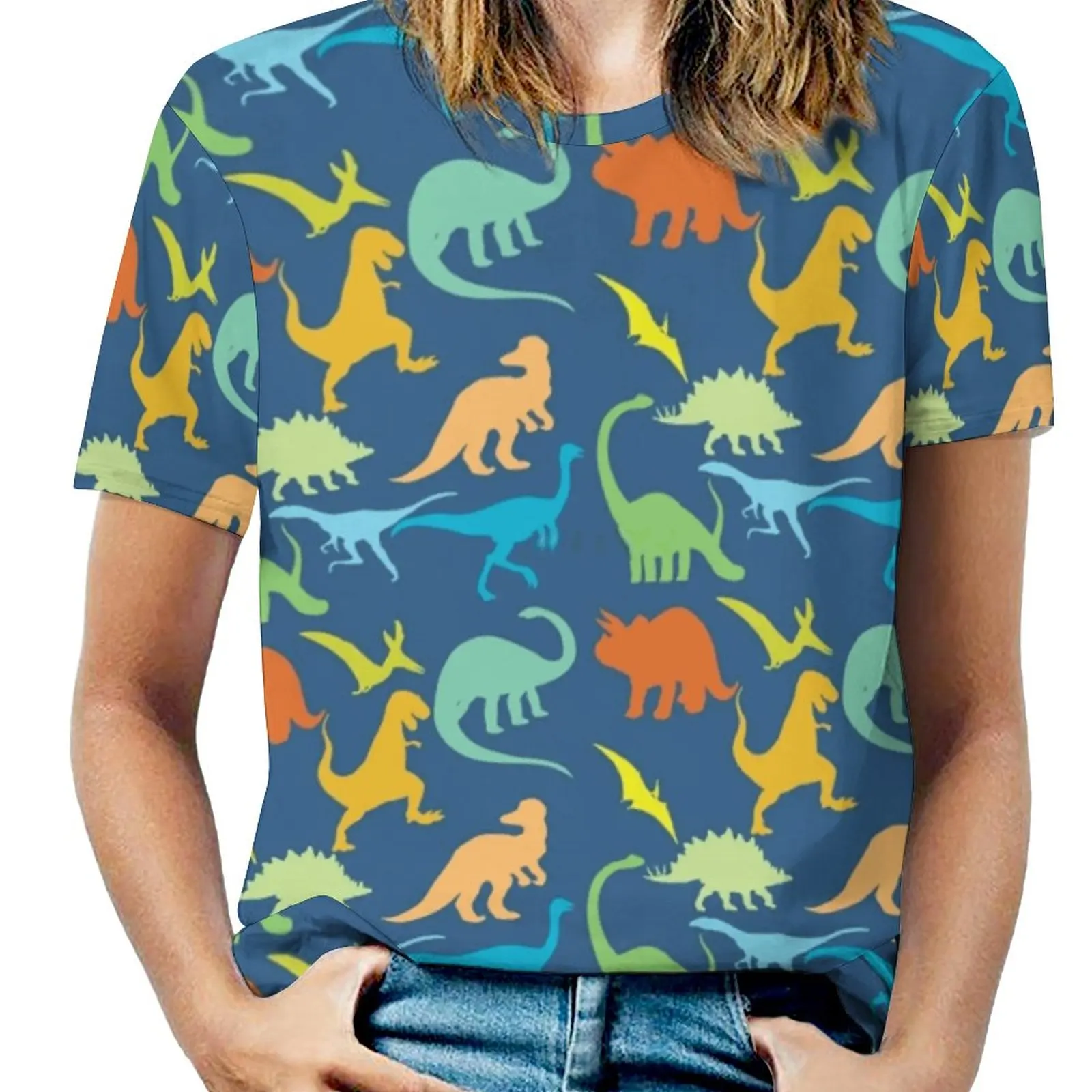 

Colorful Dinosaur Pattern Woman'S T-Shirt Spring And Summer Printed T Shirts Crew Neck Pullover Top Colorful Dinosaurs Dinosaur