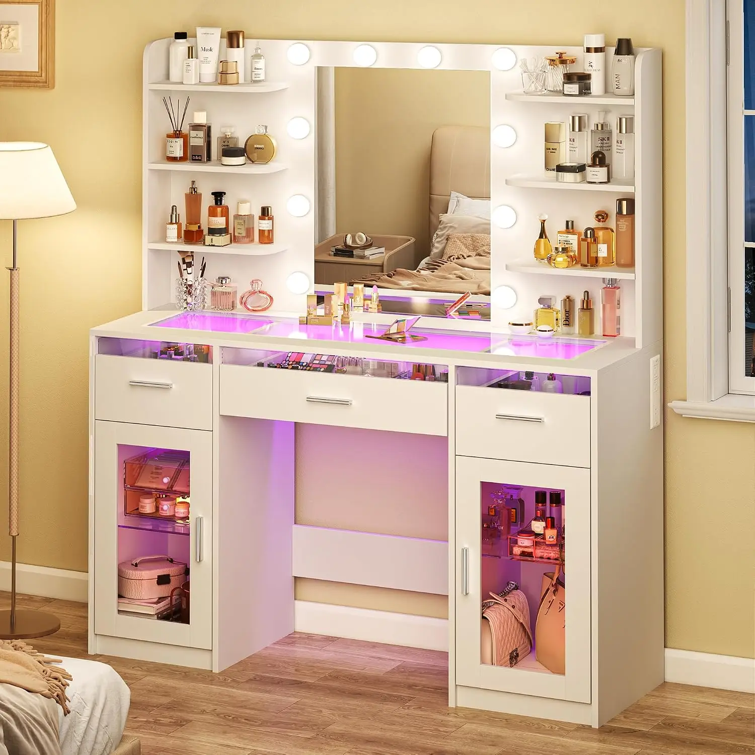 Makeup Vanity Desk with Mirror and Lights Transparent Top with 3 RGB Drawers, 6 Shelves, 2 Large Tempered Cabinets, Customized