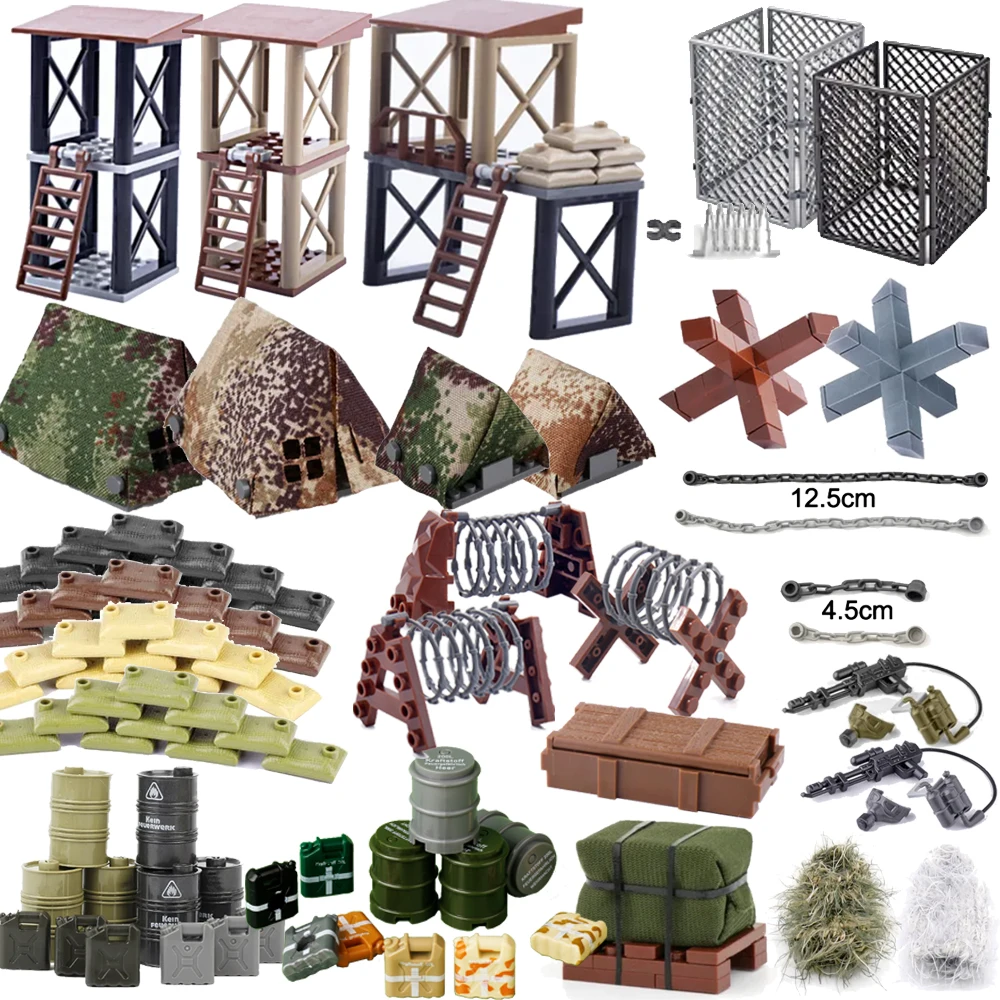 Military Scene MOC Building Blocks Toy Accessory Soldier Figure Barbed Wire Sandbag Tent Medical Box Chain 30104 Roadblock K042