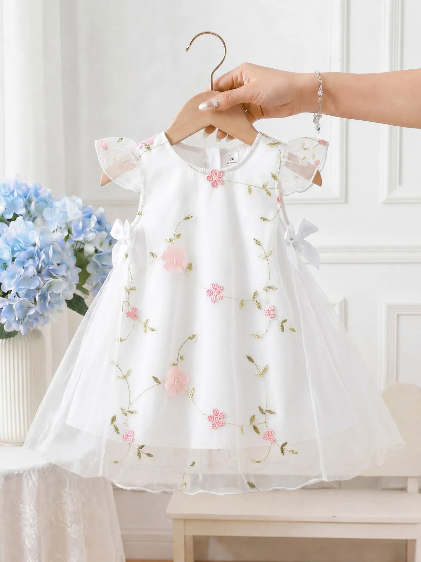 Toddler Fly Sleeve Floral Embroidery Tulle Dress Infant Birthday Princess Outfit