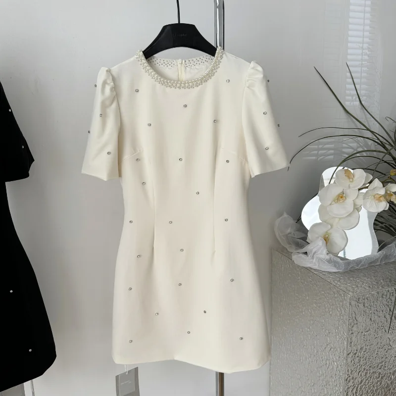 

Hepburn Wind Black Short Sleeved Dress Women Summer O Neck Beading Fashion Small Fragrant Party Wedding White Short Dress