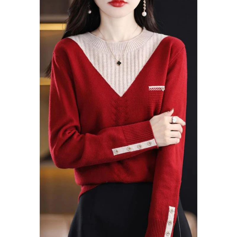 Women Clothing 2023 Autumn Winter Korean Style Patchwork Elegant Chic Knitted Sweaters Casual O Neck Long Sleeve Loose Pullovers