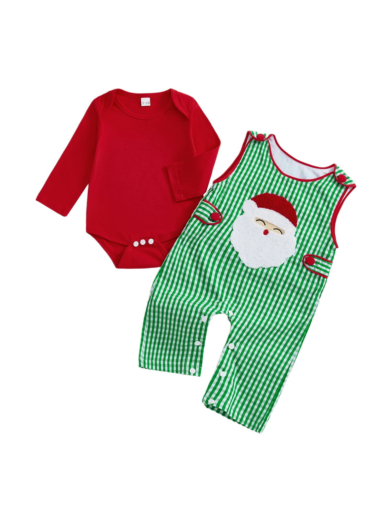Costume natalizio unisex per bambini, pagliaccetto scozzese rosso e tuta ricamata con Babbo Natale, completo da 2 pezzi per neonati e ragazze