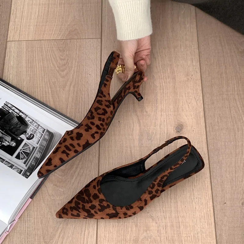 Women Low Heel Sandals Shoes Elegant Kitten Heel Mule Pointed Female Office Slingback Sandals Leopard Print Pumps Zapatos  Mujer