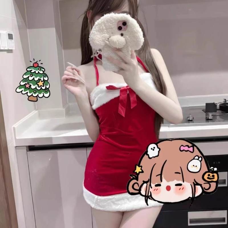 Świąteczna odzież damska 2025 Jesień Zima Nowa czerwona aksamitna sukienka z futerkiem, słodka, seksowna, na ramiączkach, obcisła sukienka damska