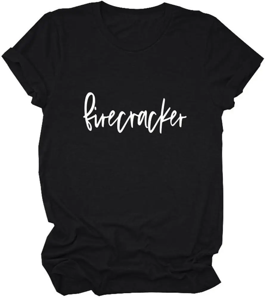 Firecracker T-Shirt, 4th of July Shirt Funny Graphic Womens Casual Crewneck USA Patriotic Tee Independence Day Tops