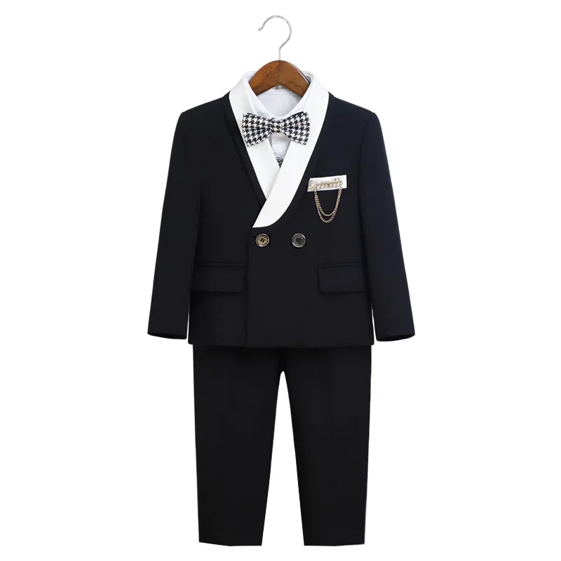 Kids White 5Pieces/Set Jacket Vest Pants Brooch Bowtie Host Piano Performance Dress Boys Wedding Dress Children Photography Suit