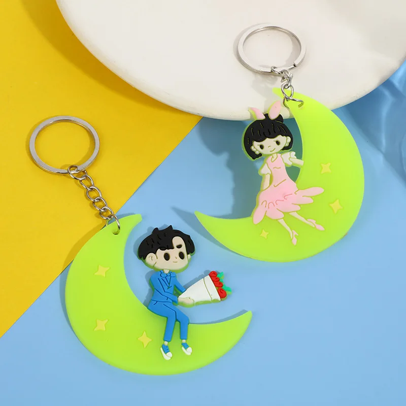 100Pcs/Lot PVC Couple Keychain Hot Sales Key Ring  Lovers Luminous Moon Keys Accessories Car Bag Pendant Key Chain Charm unisex