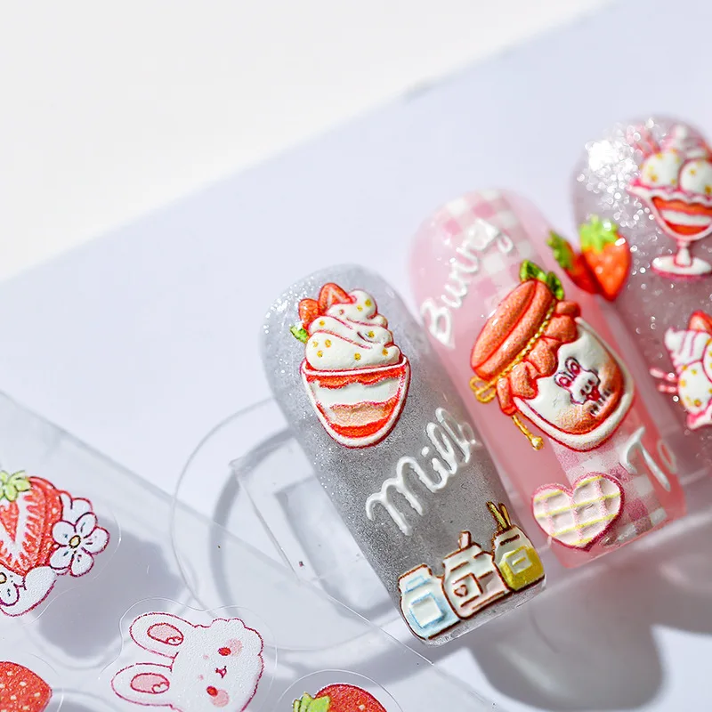 Sweet Strawberry Cake Cartoon 5D Embossed Reliefs Nail Art Stickers 3D Adhesive Nail Decorations Decals Wholesale Dropshipping