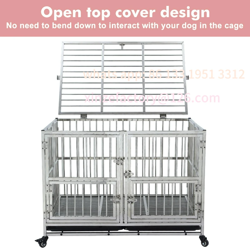 

Customizable 48" Heavy Duty Dog Crate Cage Kennel with Wheels, Full Stainless Steel High Anxiety Indestructible Dog Crate