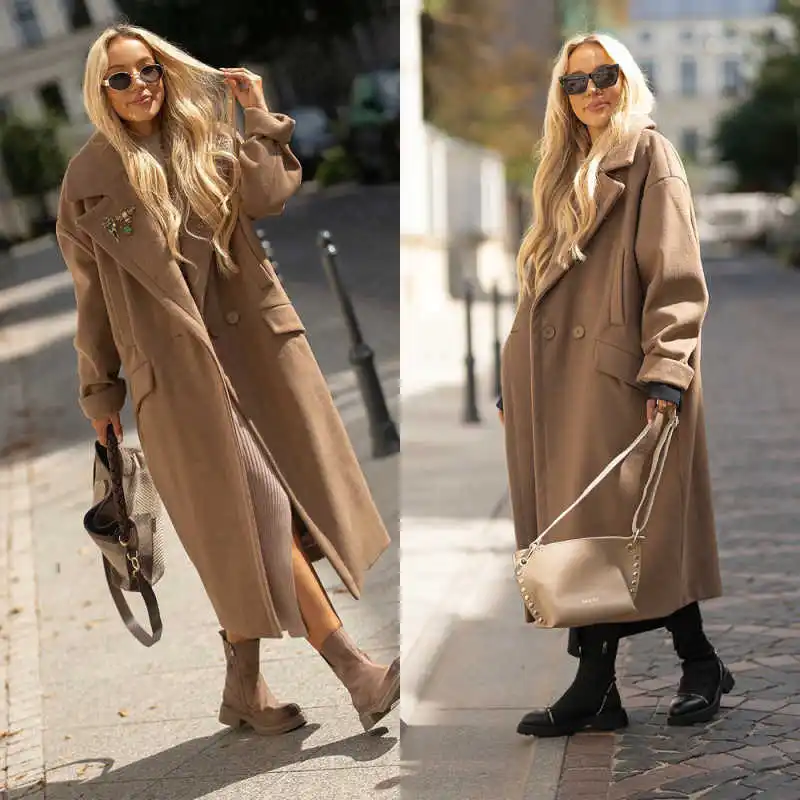 

Vintage Women's Wool Blend Coat Autumn Winter Notch Collar Double Breasted Solid Loose Commute Jacket Coat Customized