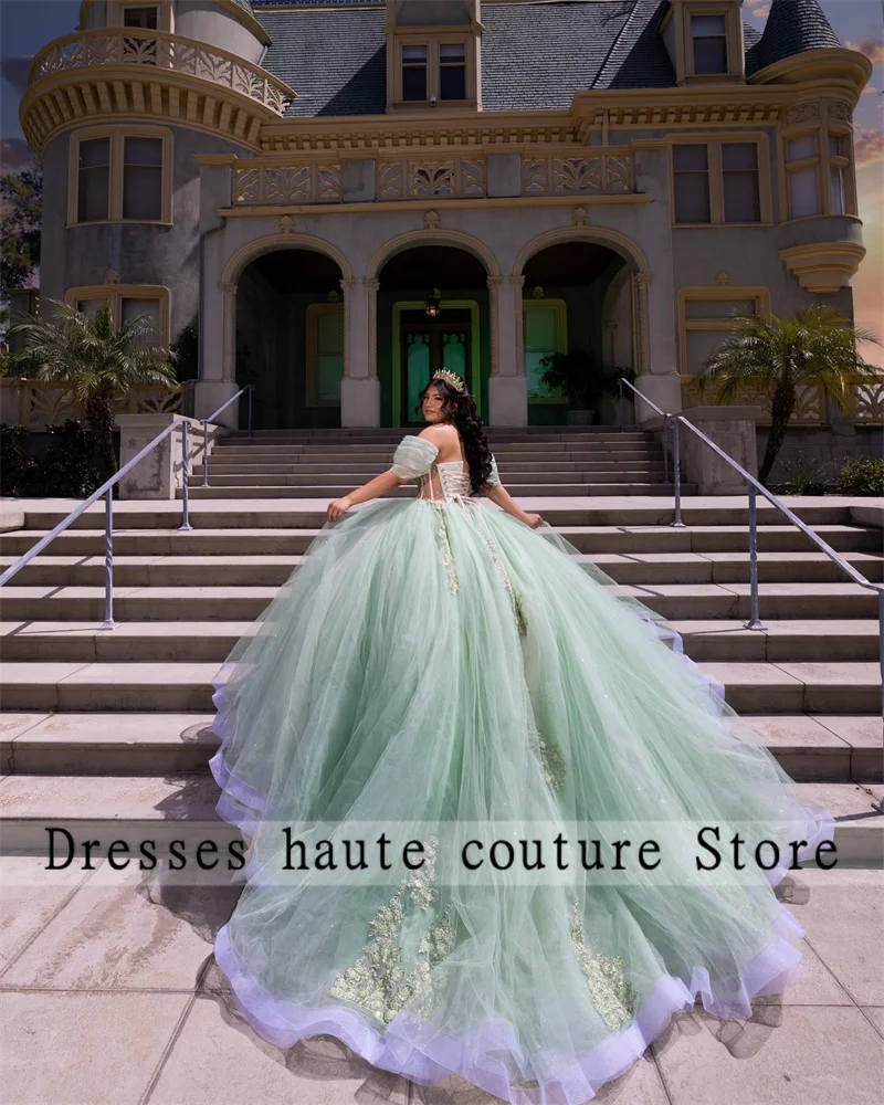 Vestido de baile de princesa de tul verde, traje de quinceañera, Apliques de encaje con cuentas, vestido dulce 16, vestidos de fiesta de cumpleaños, recién llegados, 2024