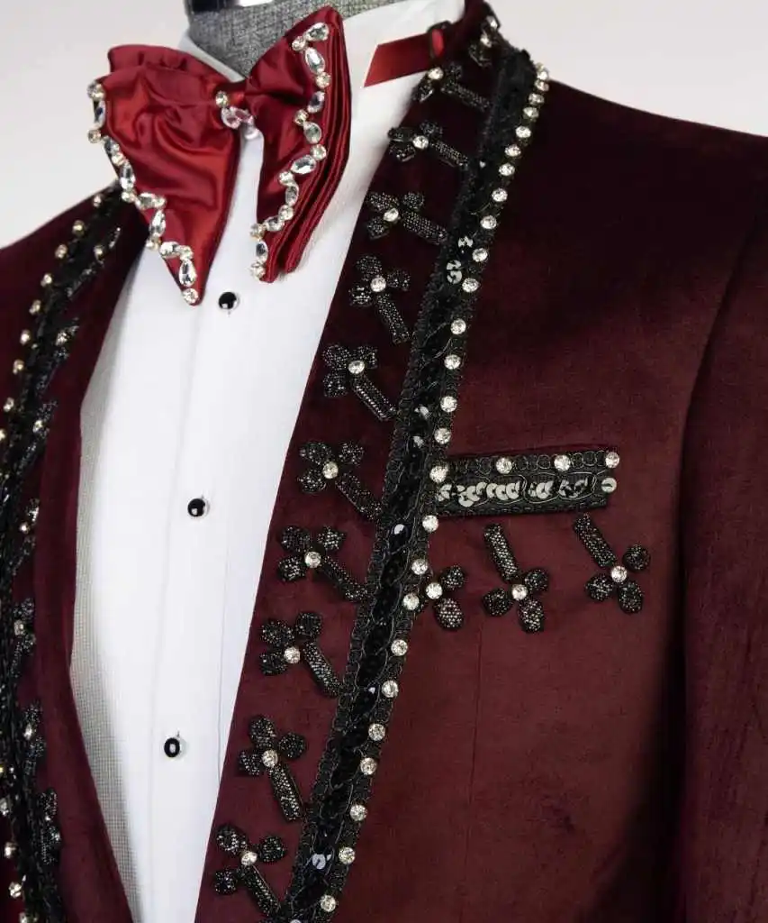 Velvet Men Suits Beaded One Piece Wedding Prom Tuxedos Shawl Lapel Sparkling Single Button Formal Evening Groom Customized
