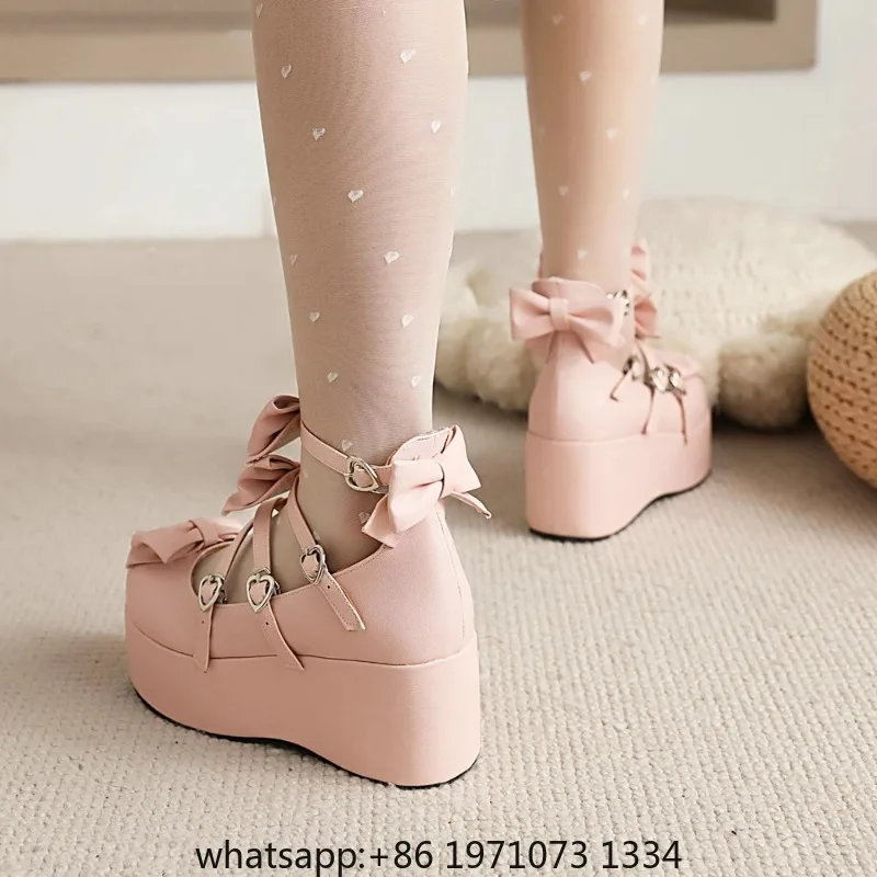 Princess Lolita Platform Mary Jane Girls Tea Party Shoes Criss-Cross Strap Sweet Bow Thick Sole Wedge Pumps Pink Black White