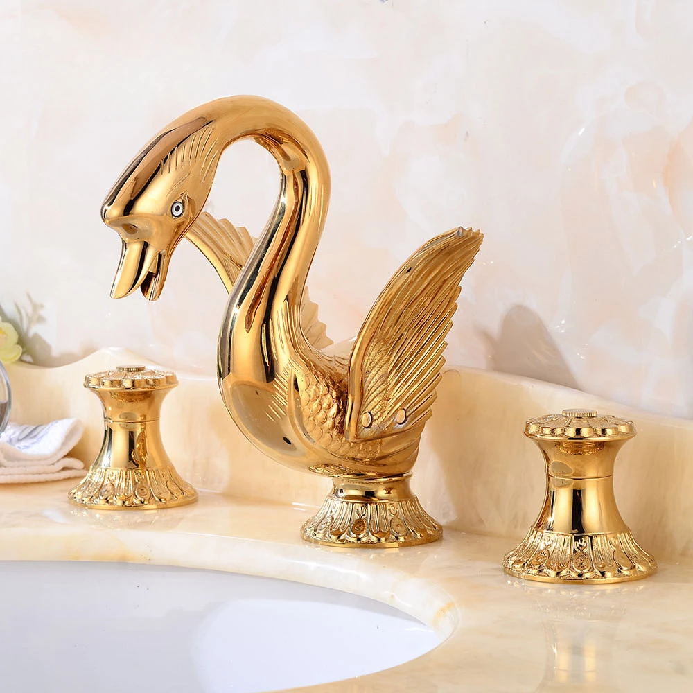 New ArrivalsTop Quality Deck-mounted Widespread Golden 3 Pcs Bathroom Swan Faucet Lavatory Basin Sink Mixer Luxury Style