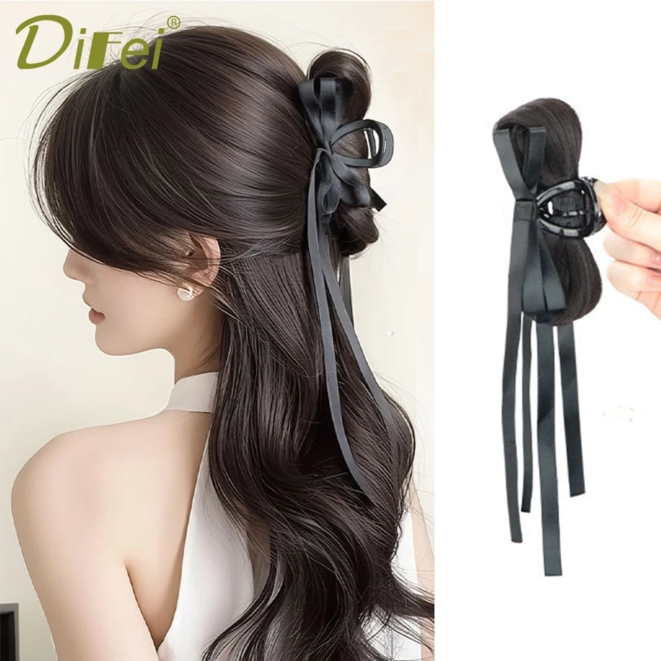 DIFEI Ball Head Synthetic Wig Ballet Wind Grip Bow Ribbon Contracting Elegant Half Ponytail Headhair