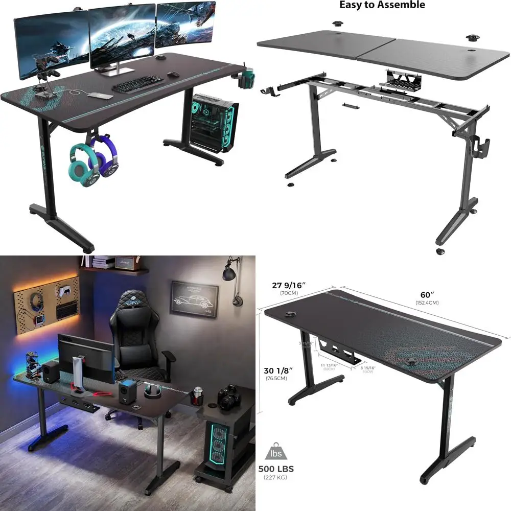 60 Escritorio ergonómico para juegos | Escritorio de oficina curvo para 3 monitores, alfombrilla para ratón y portavasos