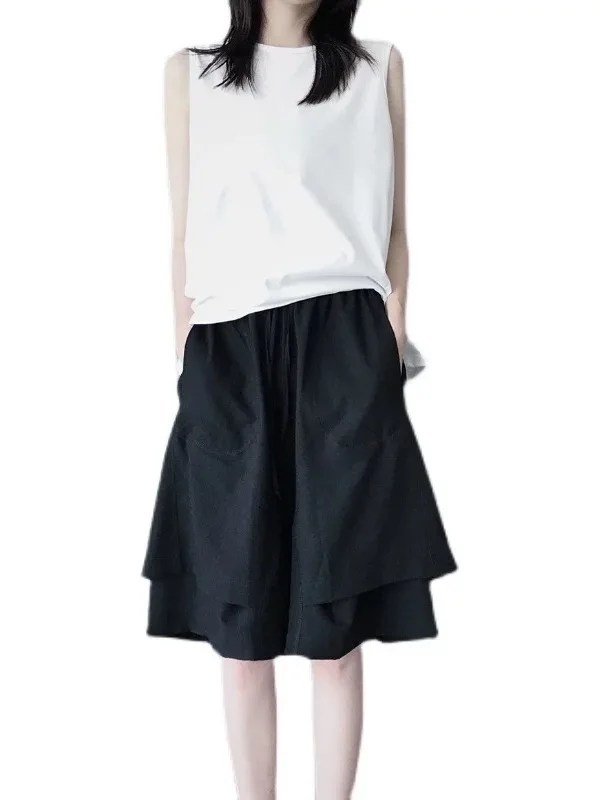 Bla Casual broek met wijde pijpen Dames ature Zomer 2022, nieuw ontwerp, dubbellaags vijfkwart middenbroek, asymmetrisch woon-werkverkeer...