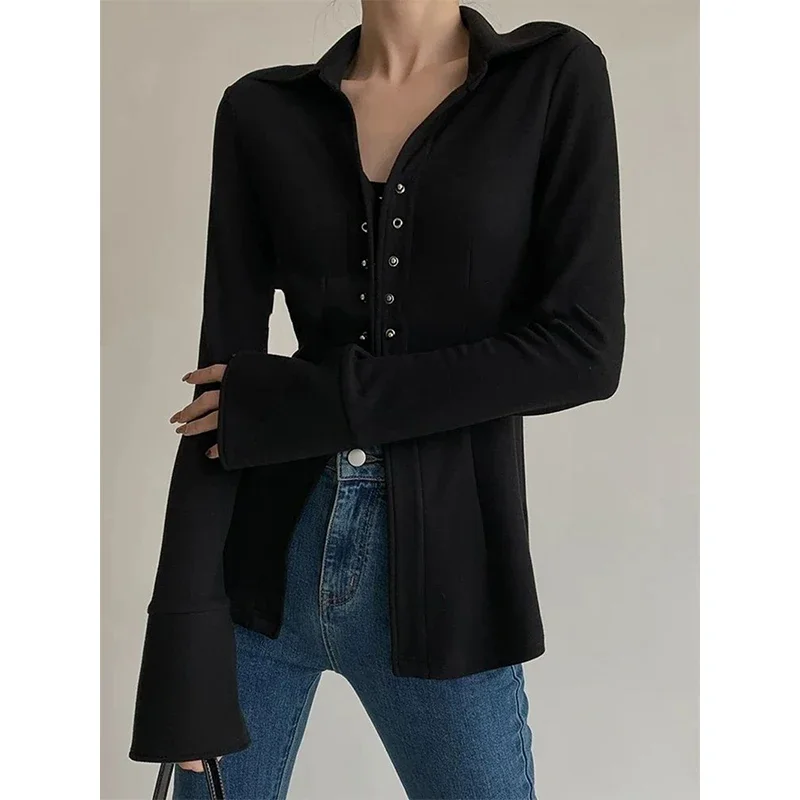 MEXZT Y2K Vintage Shirts Women Streetwear V Neck Button Black Blouses Korean Basic Long Sleeve Turn Down Collar Slim Casual Tops