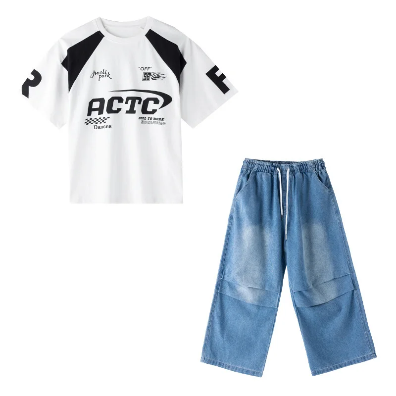 Girl Hip Hop Clothing White Tops Black T-shirt Blue Jeans Pants for Jazz Dance Kid Costume Clothes