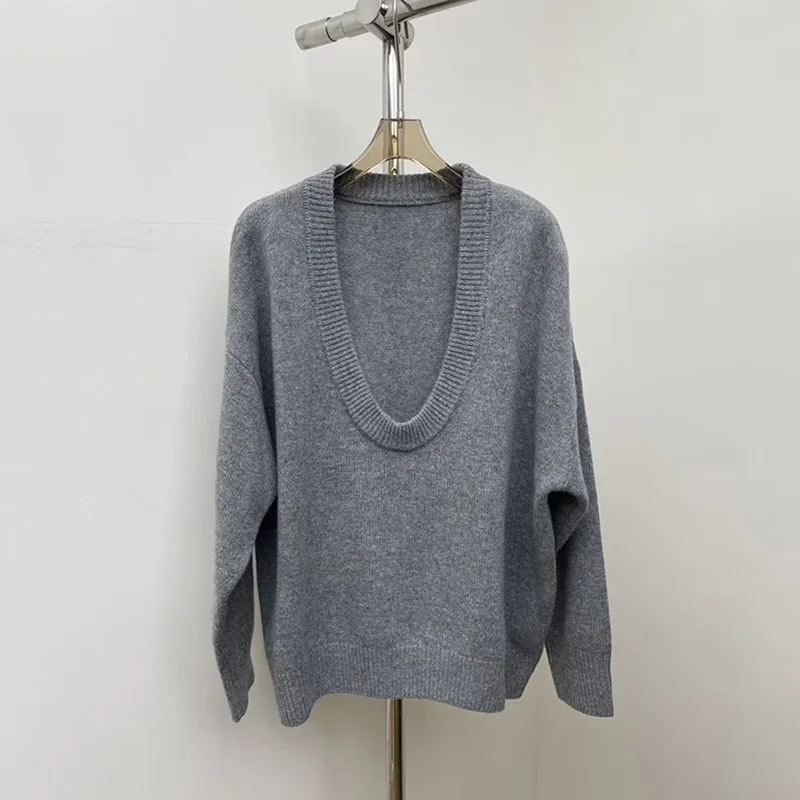 Suéter de malha feminino, pulôver solto com decote em u, suéter de viagem de alta qualidade, top casual versátil, primavera 2026 nova chegada, y2k