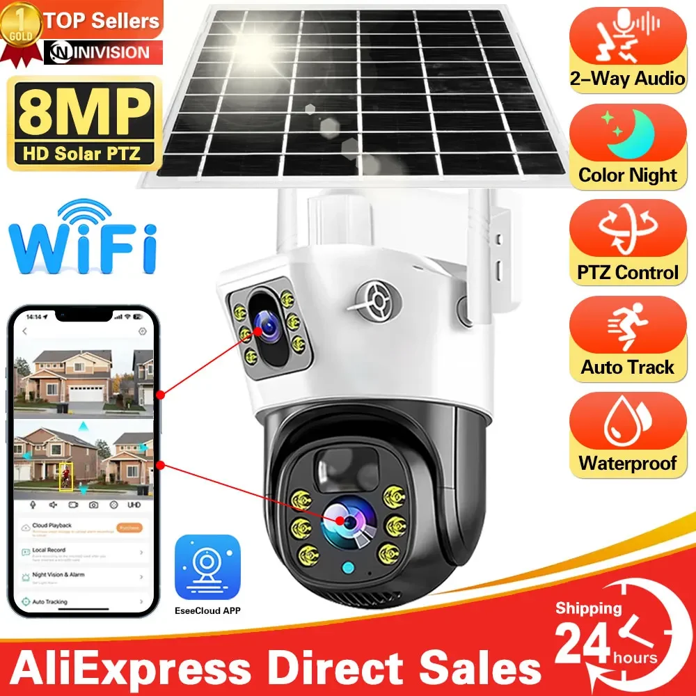 

PIR Solar Camera Dual Screen Outdoor Dual Lens WiFi 8MP 4K IP Camara Solar Panel CCTV Security Protection Built in Battery ccam