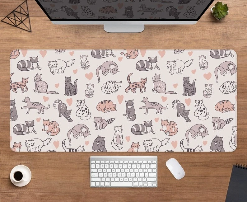 Cute Cats Desk Mat Minimal Mousepa Beige White Mouse Pad Gaming Deskmat Kawaii Animals Boho Neutral Kawaii Desk Accessories