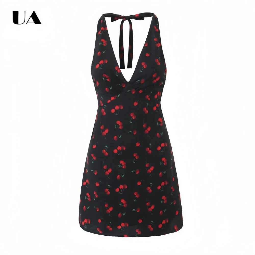 

Vintage Sheath Printed Deep V-neck Backless Mini Dress, Hotsweet Lace-up Halter Short Dress, Fashionable Sleeveless Zipped Dress