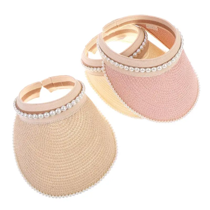 New Imitation Pearl Empty Straw Hats For Women Casual Summer Beach Visor Caps Foldable Wide Large Brim Sun UV Protection Caps