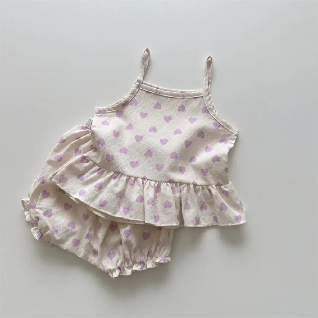 Baby Clothes Korean Style Vest Heart Print Shorts Set 2024 Summer New Girls Sweet Cute Fashion Comfortable Two Piece Set