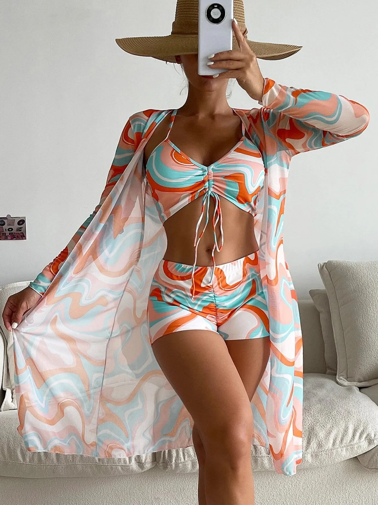 Push Up Bikini Women Swimsuit Sexy Long Sleeve Cover Up Three Pieces High Waist Swimwear 2023 Summer Beach Bathing Suit Biquíni