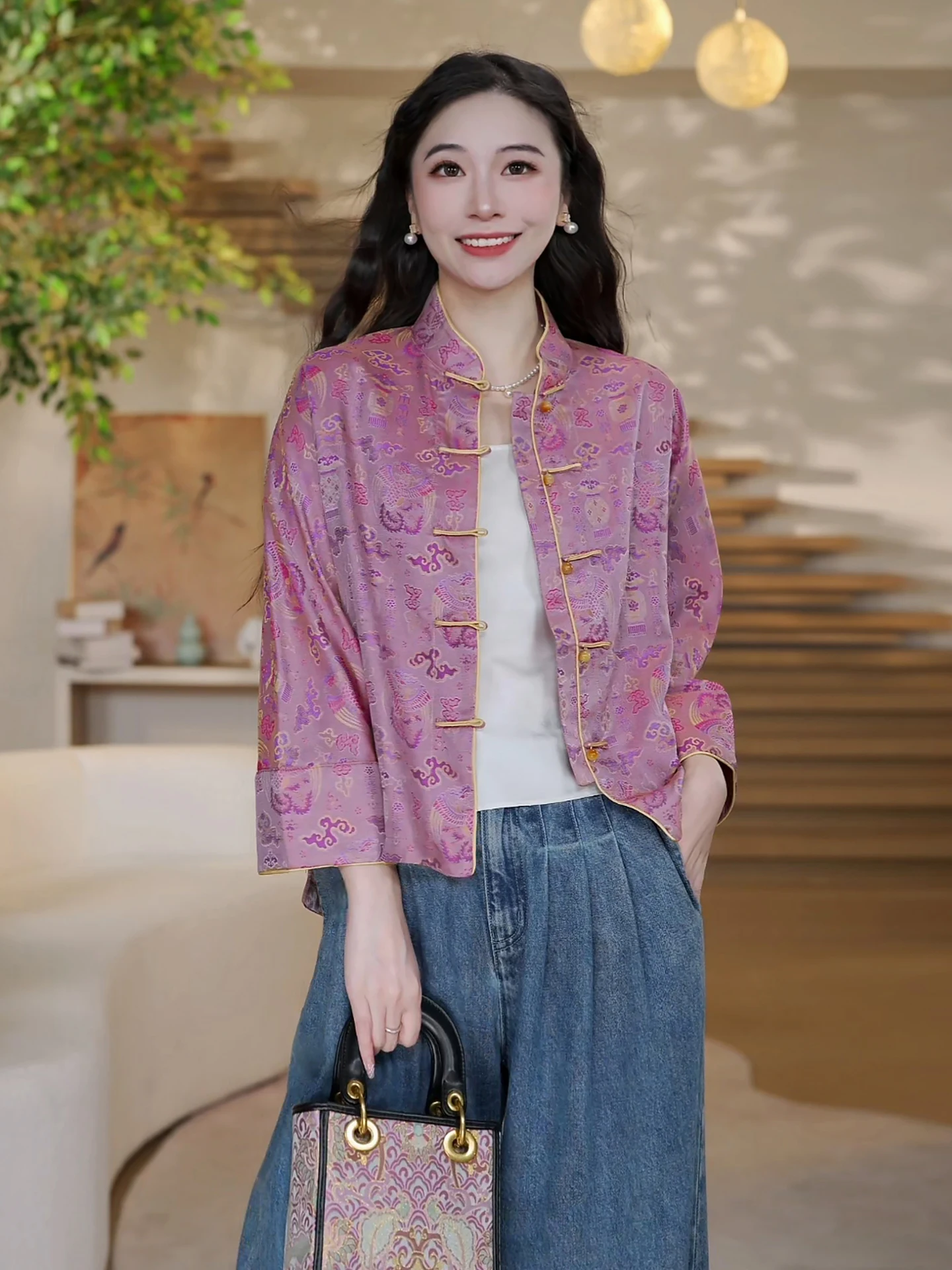 

Женская блузка Lingzhi из китайского шелка с традиционным узором, свободного кроя, с длинными рукавами, на пуговицах, омолаживающая кожу