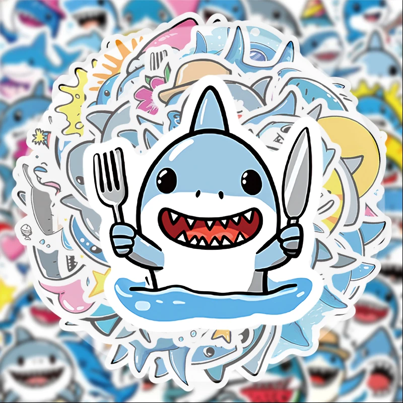 50 Cute Shark Graffiti Stickers, Suitable for Water Bottles, Laptops, Phone Decorations, Suitcases, Skateboards, Guitars, Gift Boxes, Party Decorations, Holiday Gifts