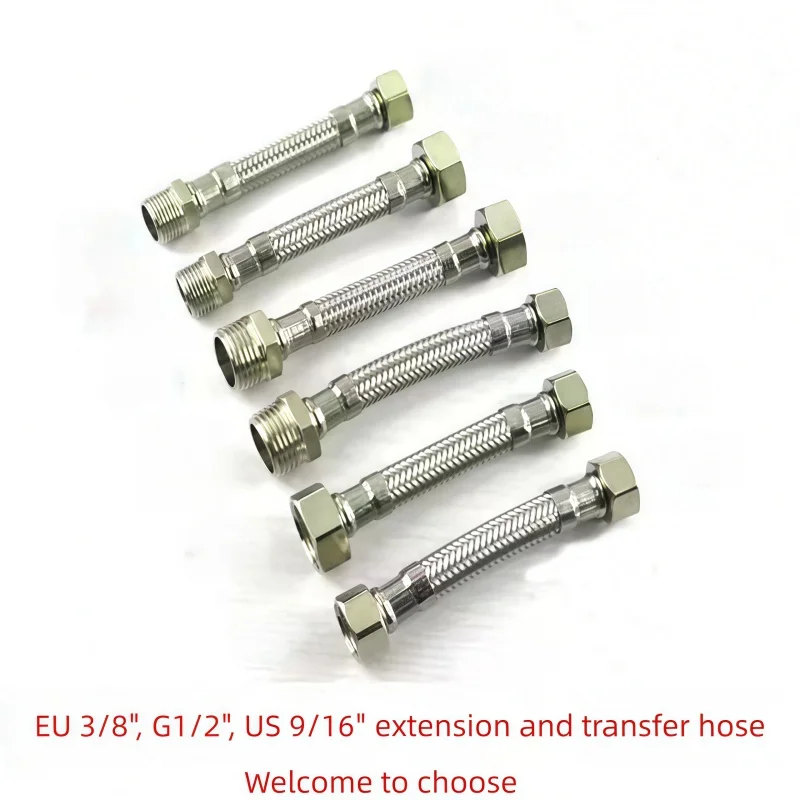 Flexible stainless steel hose suitable for connecting and extending kitchen faucets, washbasin faucets, and bidet faucets.