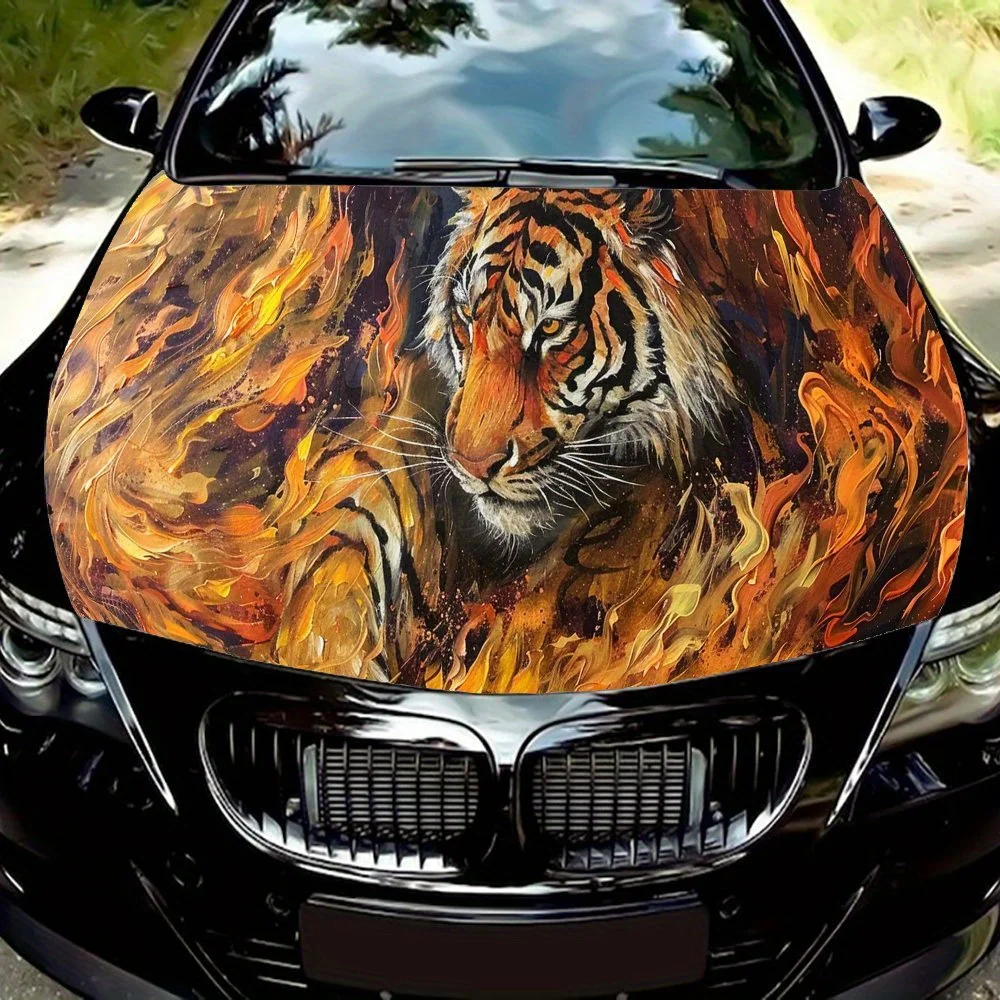 

Tiger Cool Car Hood Decal Sticker in Flames - Creative Monochrome Artwork, Durable Vinyl Wrap for Most Vehicles, PVC Material Pr