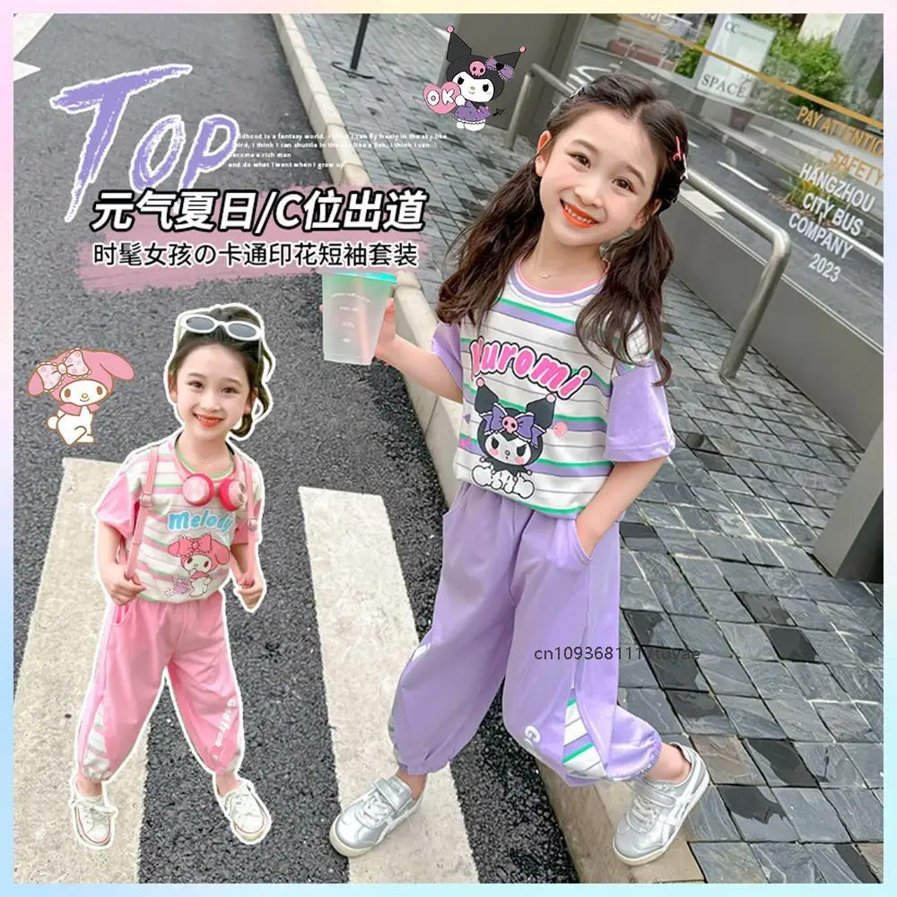 

2Pcs Kuromi Children's Sweat Set Anime Sanrio Melody Girl Summer Cartoon Stripe Short Sleeve T-Shirt Korean Fashion Casual Pants