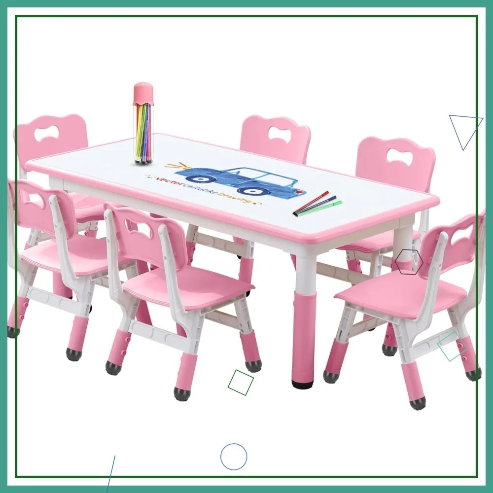 ชุดโต๊ะและเก้าอี้เด็กแบบปรับได้พร้อมที่นั่ง 6 ที่ โต๊ะศิลปะและงานฝีมือสำหรับเด็กอายุ 3-12 ปี ขาโต๊ะกันลื่น