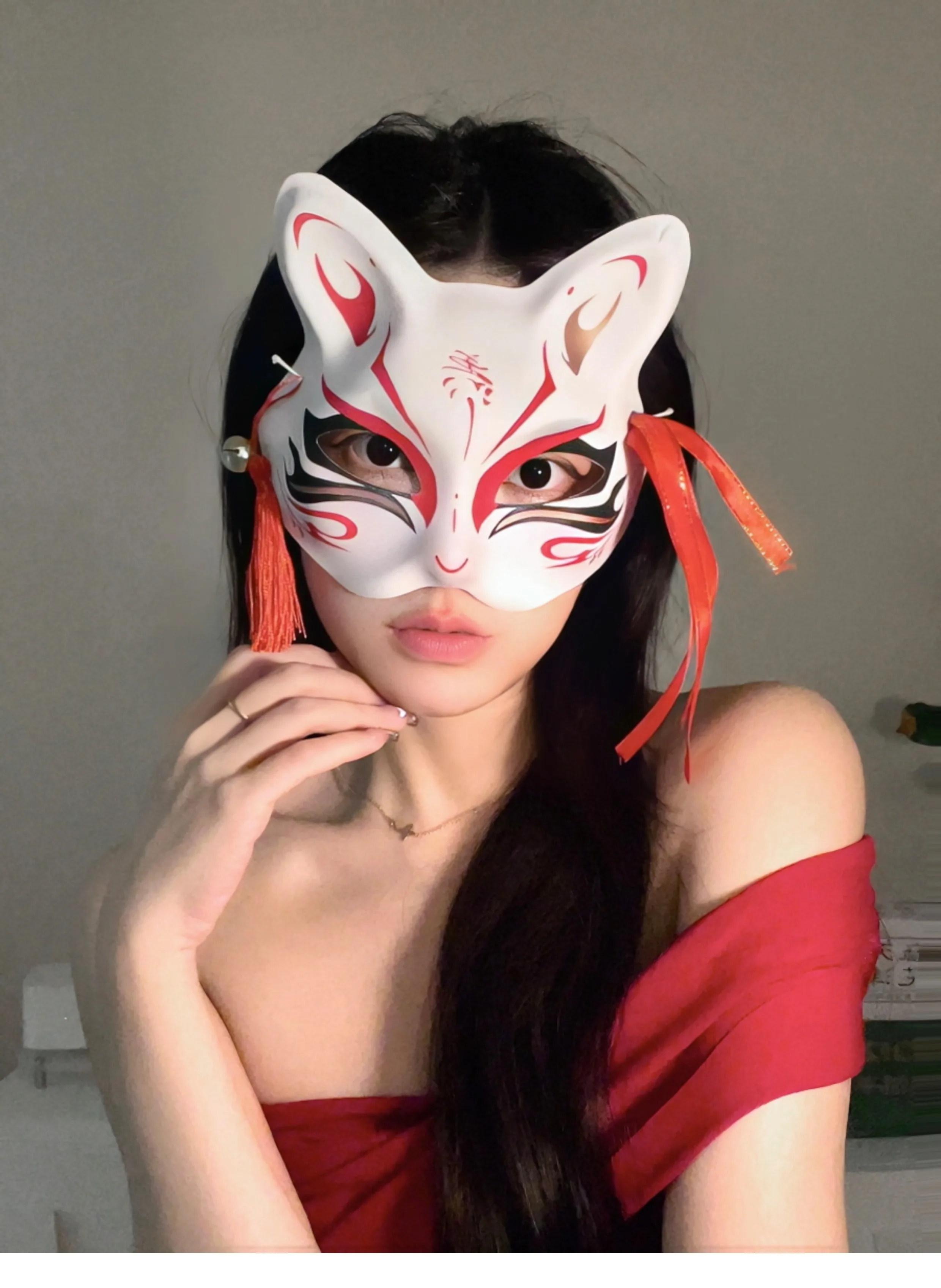 Anime Demon Fox Mask Hand-painted Japanese Mask Half Face Mask Masquerade Festival Ball Kabuki Kitsune Masks Cosplay Prop