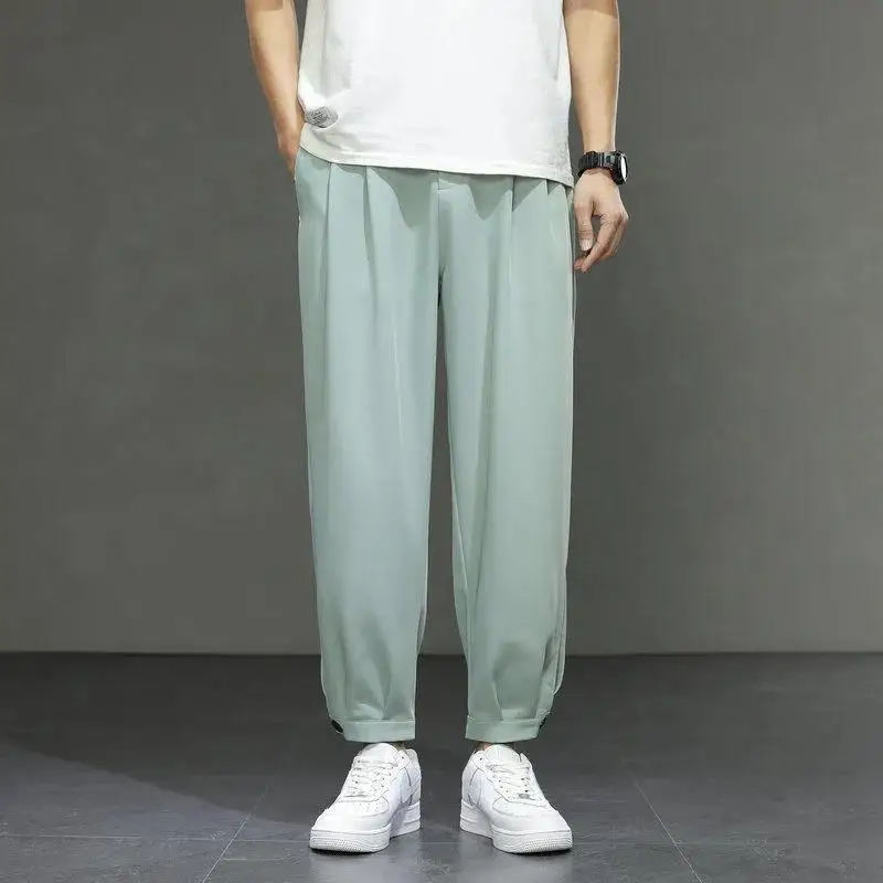 Men's 2024 Summer New Ice Silk Splicing Elasticized High-waisted Pocket Fashion Solid Color Loose Straight Sports Leisure Pants