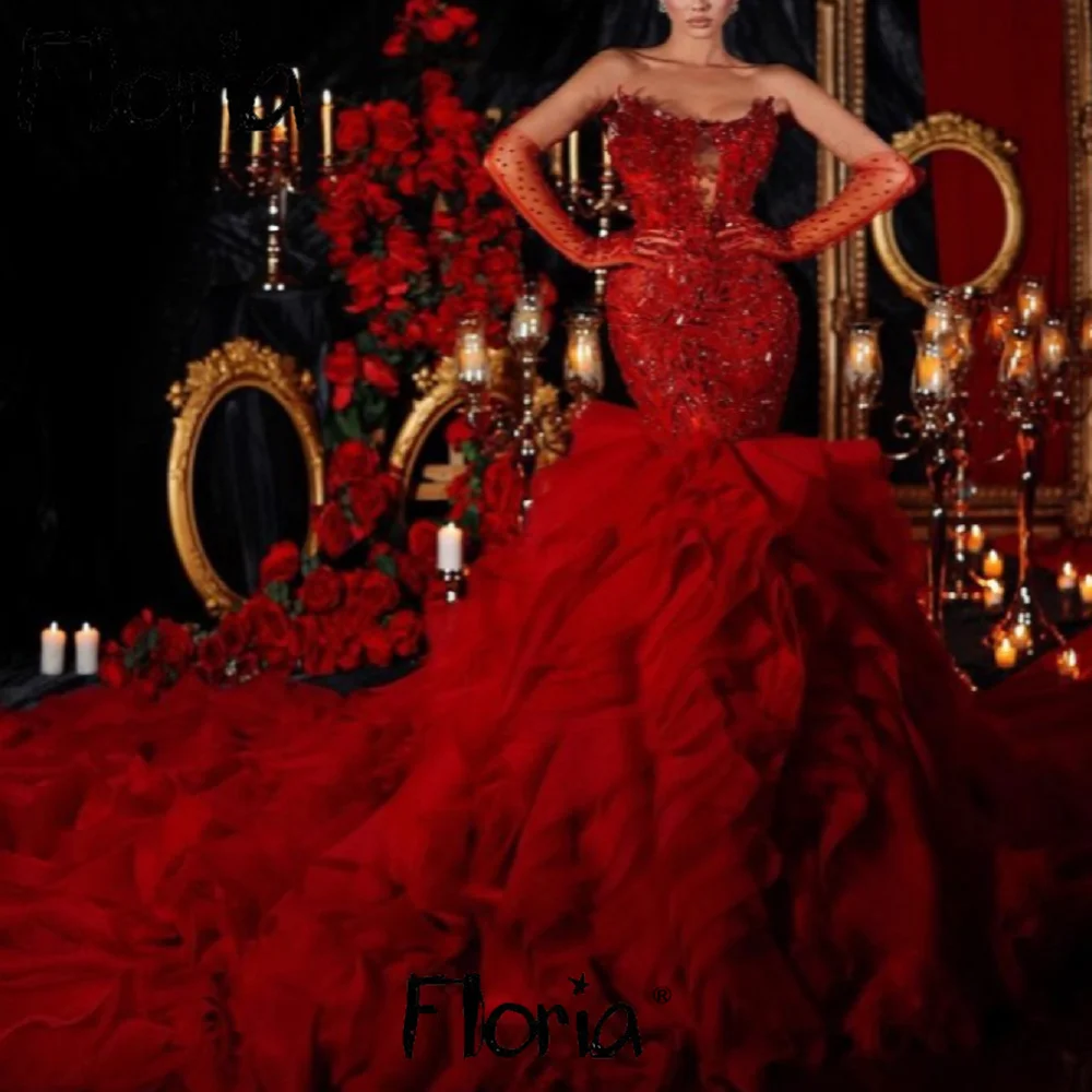 

Luxury Red Ruffles Evening Dress Dubai Women Long Train Prom Gowns Custom Made Wedding Party Gowns Celebrity Red Carpet Dress