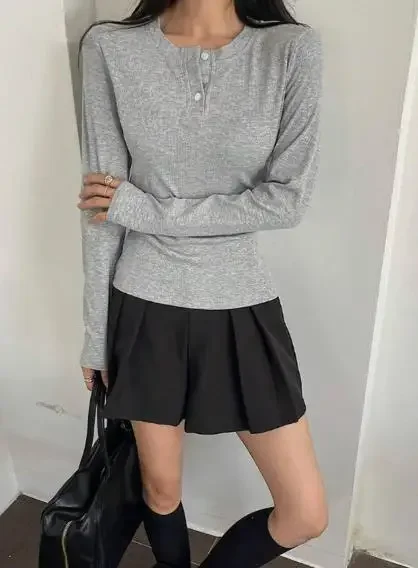Women Fashion Top Autumn & Winter Female Daily Clothing Women's Clothing New Button Ribbed Henry Collar Knitted Cedar