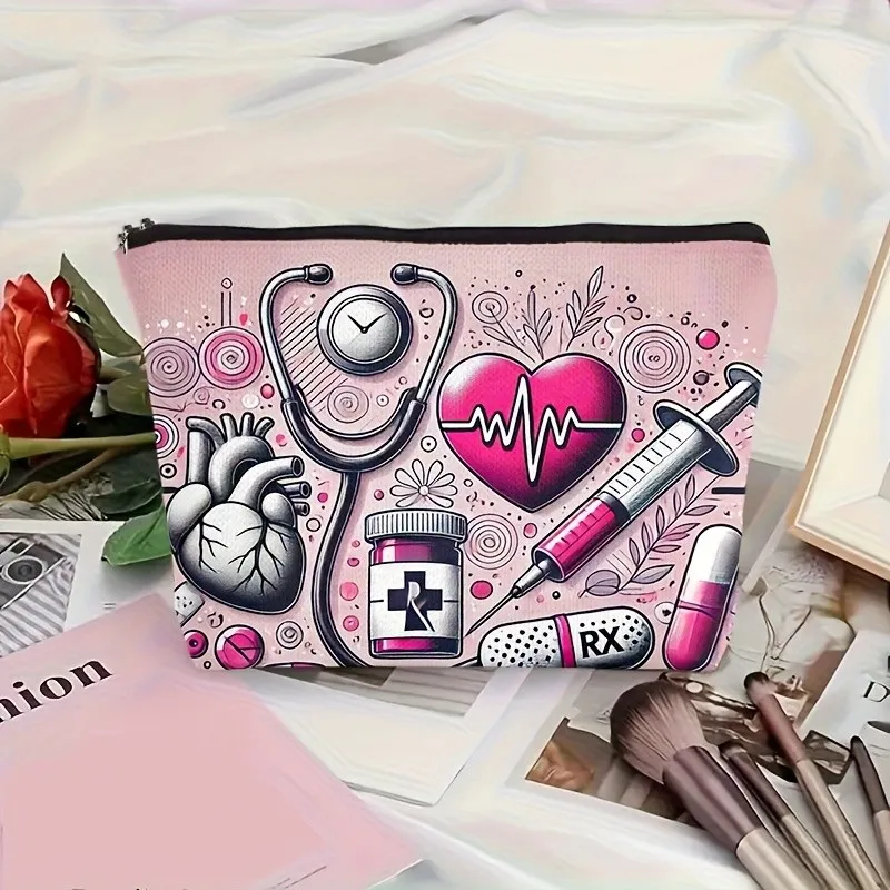 Bolsa de maquillaje con ilustración médica: bolsa cosmética liviana con cremallera y diseño sanitario de doble cara