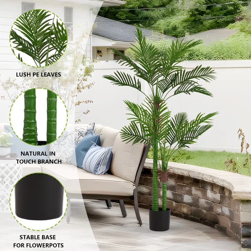 Artificial Golden Cane Palm Tree, 180cm Tall Faux Areca Palm Plant in Pot for Indoor or Outdoor Home and Office Decor, Adjustabl