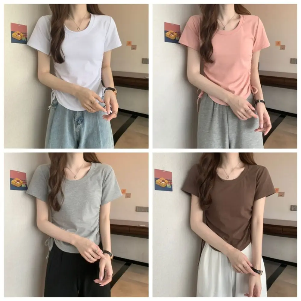 Pullover Drawstring Short-Sleeved T-Shirt Simple Ins Style Square Neck Basic Tees Shirt Casual Short Blouse Women's Clothing