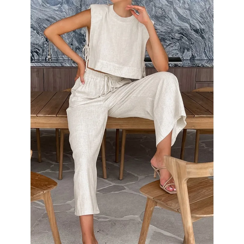 Fashion Cotton and Linen Suit Women's Clothing 2026 Spring and Summer New Shoulder Pads Sleeveless Top Trousers Two-piece Set