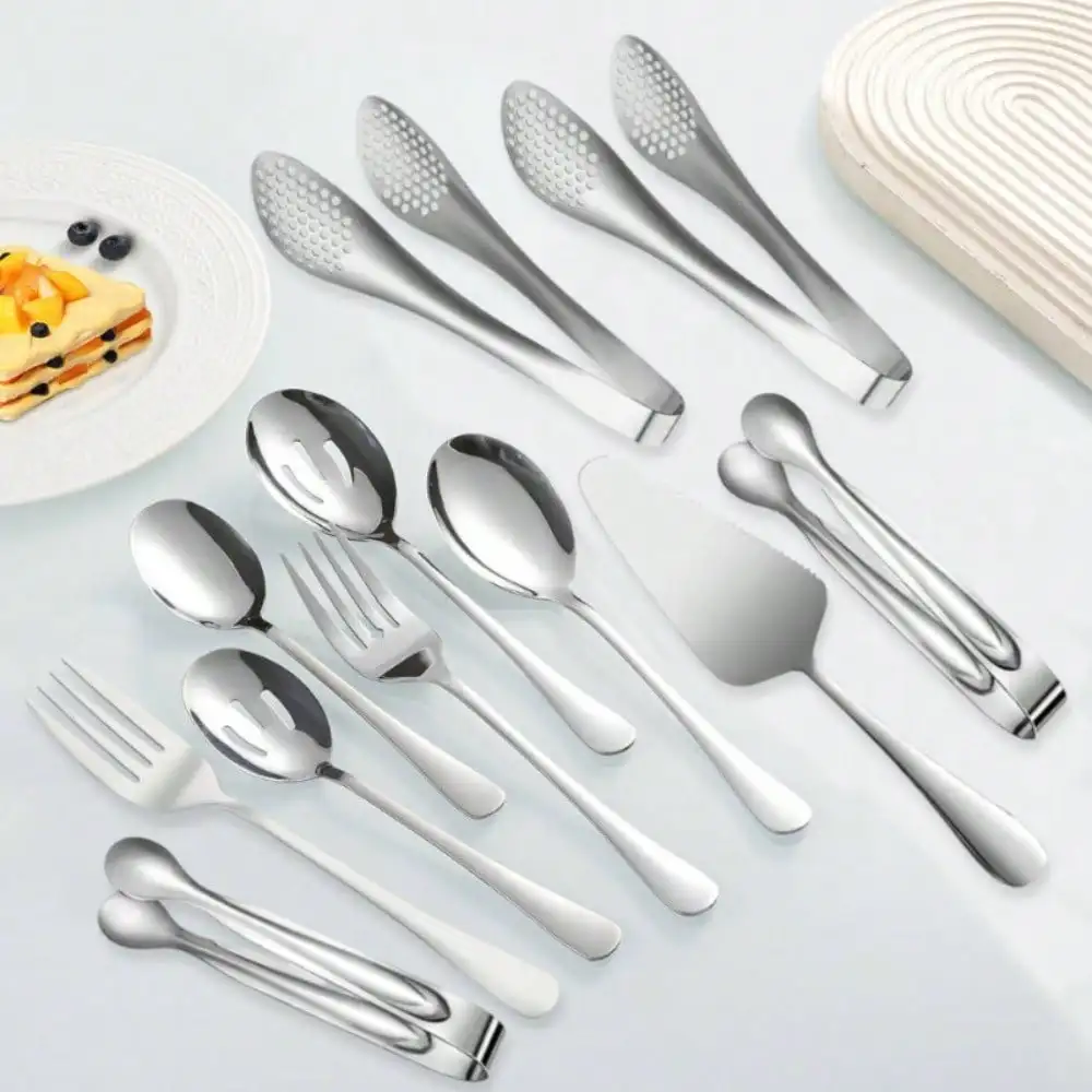 

11pcs Serving Utensils Set Stainless Steel Large Spoons Slotted Spoons Forks Tongs Soup Ladle and Pie Server