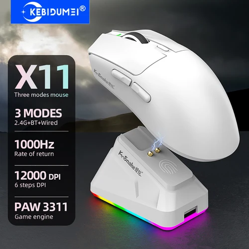 Ratón Bluetooth X11 PAW3311, tres modos, ratón inalámbrico de 12000 DPI, ratón para juegos, Base de carga magnética táctil RGB, BT/2,4G/ratones con cable