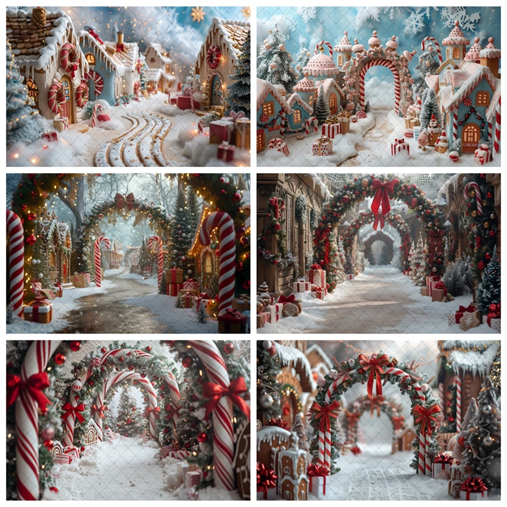 

Winter Christmas Town Photography Background Xmas Garland Arch Snow Decoration Supplies Boy Girl Portrait Backdrop Photo Studio