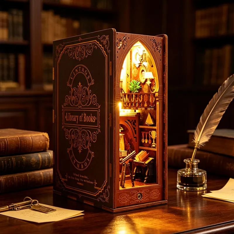 DIY Book Nook Shelf Insert Kit 3D Wooden Puzzle Assembly Bookshelf Bookend Building Home Dollhouse Toy For Xmas Birthday Gifts